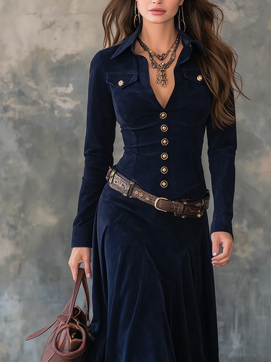 Viviana · Vestido Largo Efecto Ante con Botones Dorados